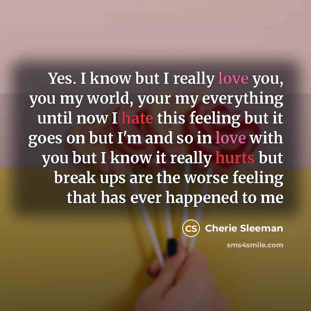 “Yes. I know but I really love you, you my world, your my everything until now I hate this feeling but it goes on but I'm and so in love with you but I know it really hurts but break ups are the worse feeling that has ever happened to me” quote by Cherie Sleeman