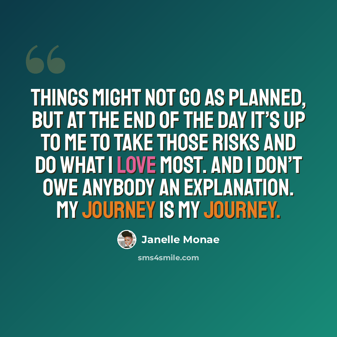 “Things might not go as planned, but at the end of the day it’s up to me to take those risks and do what I love most. And I don’t owe anybody an explanation. My journey is my journey.” quote by Janelle Monae