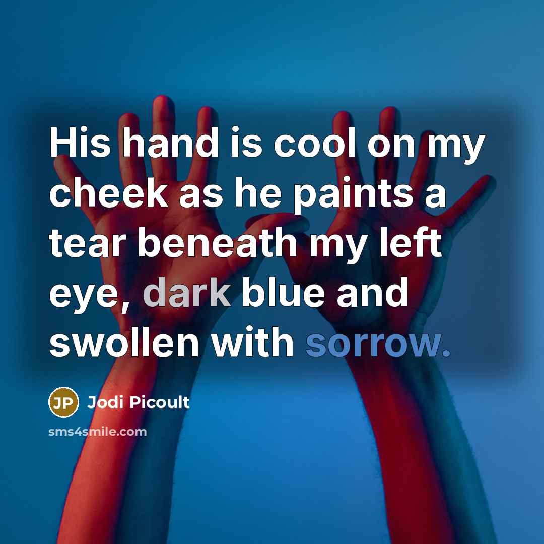 “His hand is cool on my cheek as he paints a tear beneath my left eye, dark blue and swollen with sorrow.” quote by Jodi Picoult