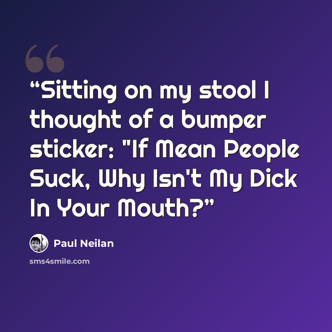 “Sitting on my stool I thought of a bumper sticker: "If Mean People Suck, Why Isn't My Dick In Your Mouth?” quote by Paul Neilan