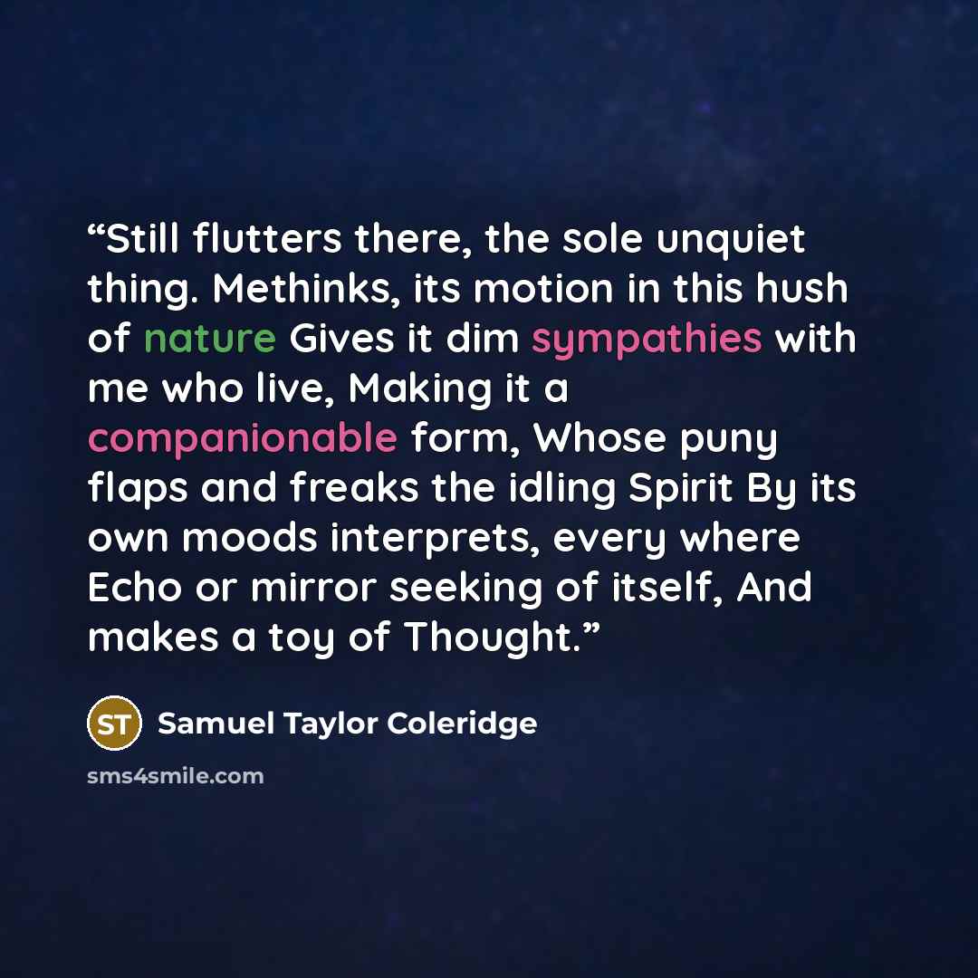 “Still flutters there, the sole unquiet thing. Methinks, its motion in this hush of nature Gives it dim sympathies with me who live, Making it a companionable form, Whose puny flaps and freaks the idling Spirit By its own moods interprets, every where Echo or mirror seeking of itself, And makes a…” quote by Samuel Taylor Coleridge