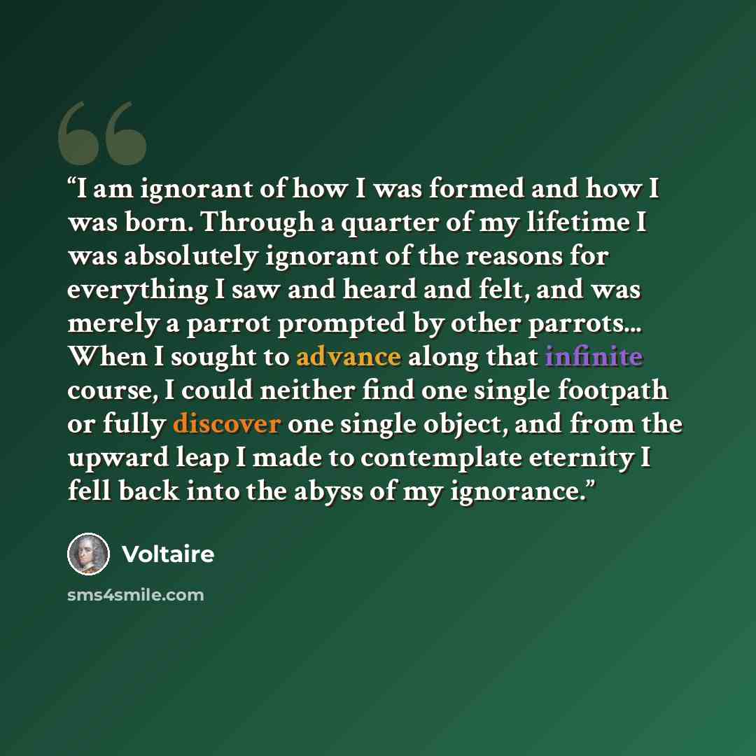 “I am ignorant of how I was formed and how I was born. Through a quarter of my lifetime I was absolutely ignorant of the reasons for everything I saw and heard and felt, and was merely a parrot prompted by other parrots... When I sought to advance along that infinite course, I could neither find…” quote by Voltaire