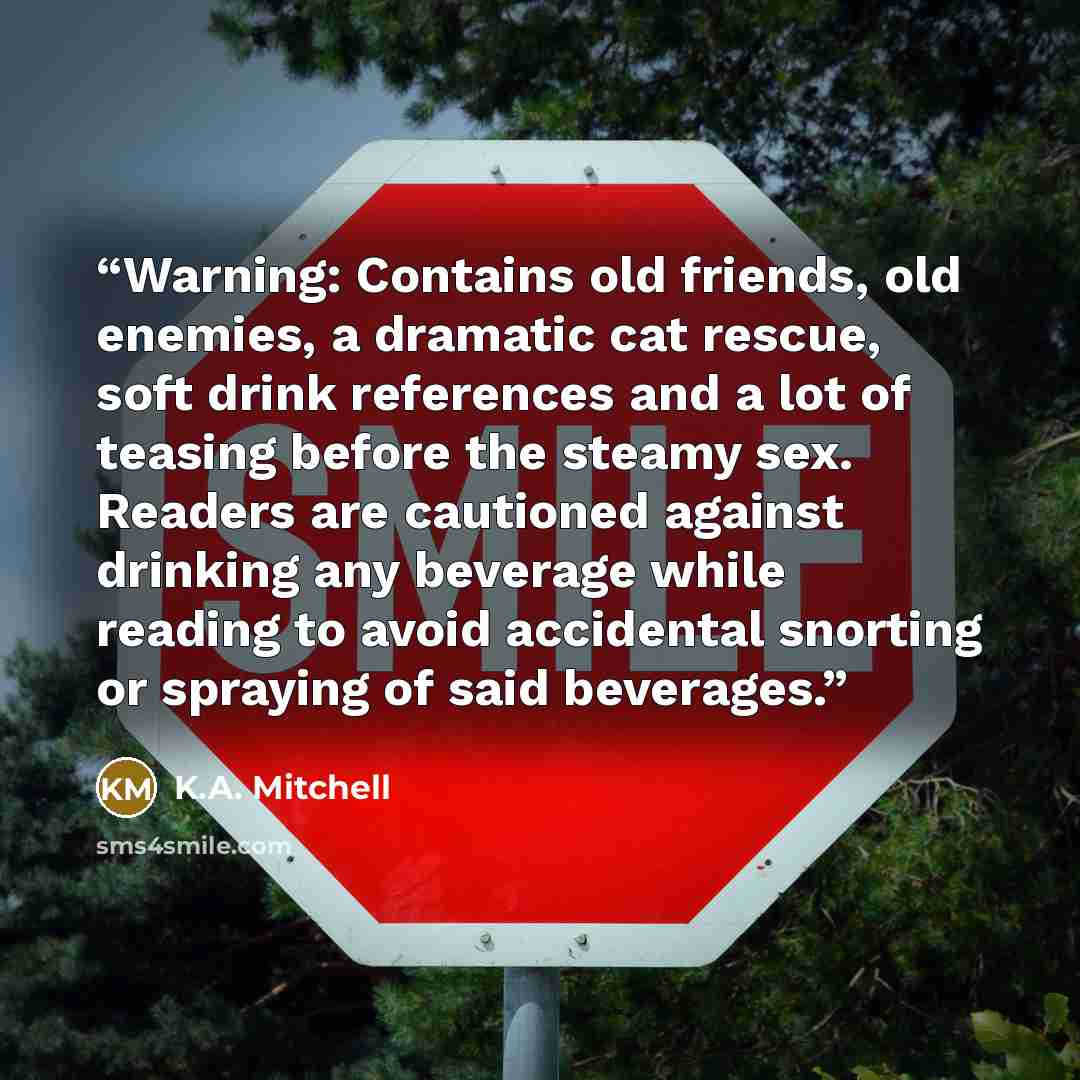 “Warning: Contains old friends, old enemies, a dramatic cat rescue, soft drink references and a lot of teasing before the steamy sex. Readers are cautioned against drinking any beverage while reading to avoid accidental snorting or spraying of said beverages.” quote by K.A. Mitchell
