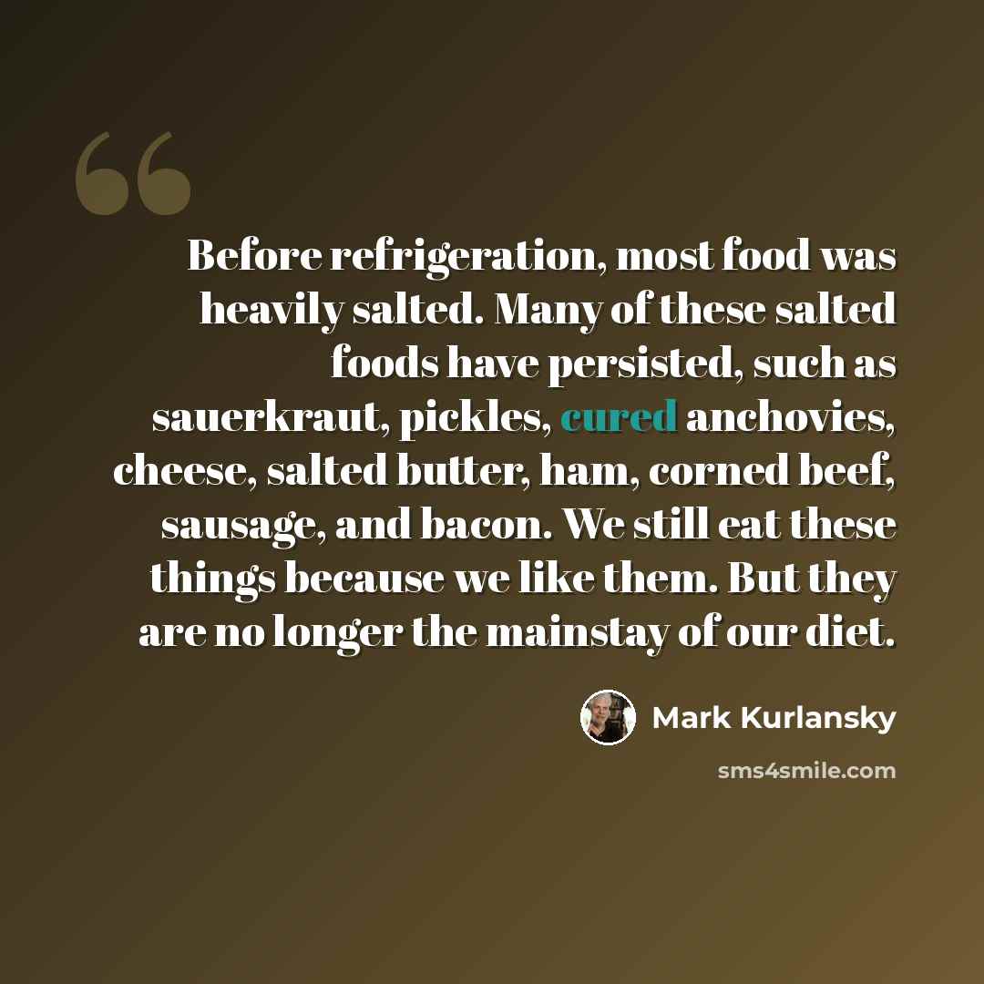 “Before refrigeration, most food was heavily salted. Many of these salted foods have persisted, such as sauerkraut, pickles, cured anchovies, cheese, salted butter, ham, corned beef, sausage, and bacon. We still eat these things because we like them. But they are no longer the mainstay of our diet.” quote by Mark Kurlansky