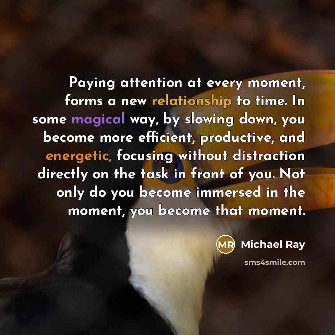 “Paying attention at every moment, forms a new relationship to time. In some magical way, by slowing down, you become more efficient, productive, and energetic, focusing without distraction directly on the task in front of you. Not only do you become immersed in the moment, you become that moment.” quote by Michael Ray