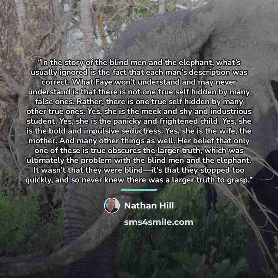 “In the story of the blind men and the elephant, what’s usually ignored is the fact that each man’s description was correct. What Faye won’t understand and may never understand is that there is not one true self hidden by many false ones. Rather, there is one true self hidden by many other true…” quote by Nathan Hill