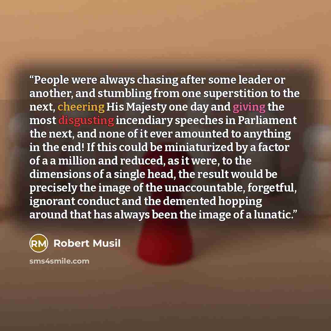 “People were always chasing after some leader or another, and stumbling from one superstition to the next, cheering His Majesty one day and giving the most disgusting incendiary speeches in Parliament the next, and none of it ever amounted to anything in the end! If this could be miniaturized by a…” quote by Robert Musil