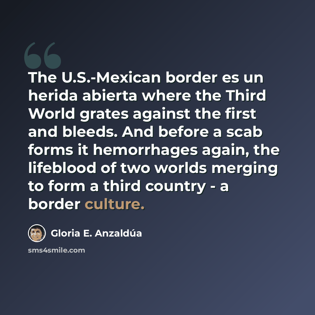 “The U.S.-Mexican border es un herida abierta where the Third World grates against the first and bleeds. And before a scab forms it hemorrhages again, the lifeblood of two worlds merging to form a third country - a border culture.” quote by Gloria E. Anzaldúa