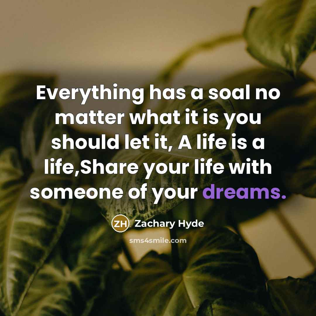 “Everything has a soal no matter what it is you should let it, A life is a life,Share your life with someone of your dreams.” quote by Zachary Hyde