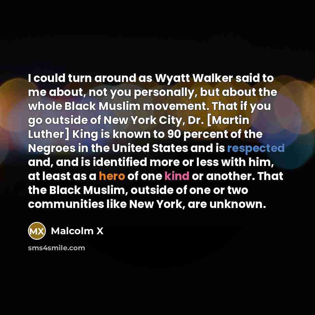 “I could turn around as Wyatt Walker said to me about, not you personally, but about the whole Black Muslim movement. That if you go outside of New York City, Dr. [Martin Luther] King is known to 90 percent of the Negroes in the United States and is respected and, and is identified more or less…” quote by Malcolm X