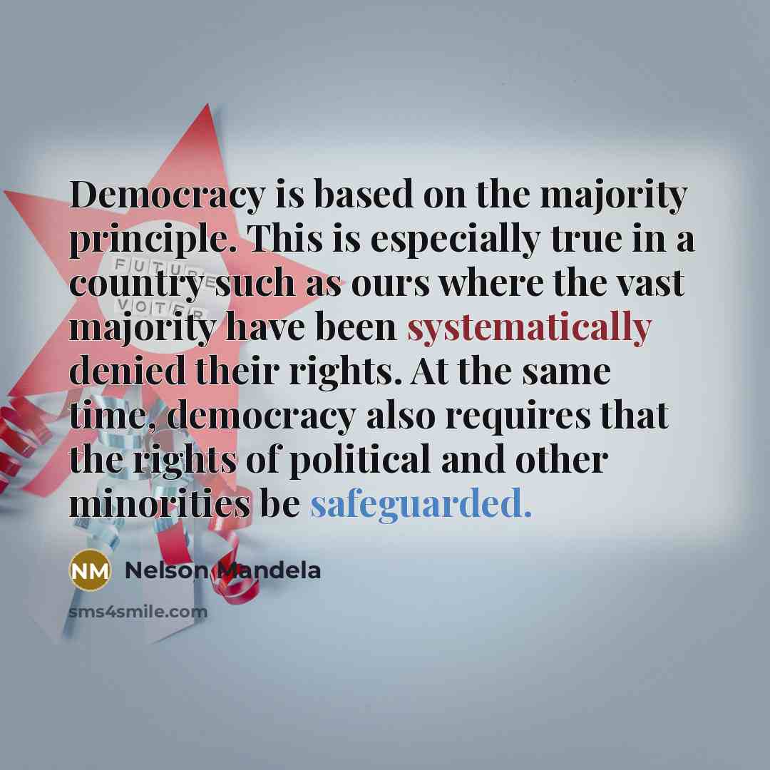 “Democracy is based on the majority principle. This is especially true in a country such as ours where the vast majority have been systematically denied their rights. At the same time, democracy also requires that the rights of political and other minorities be safeguarded.” quote by Nelson Mandela