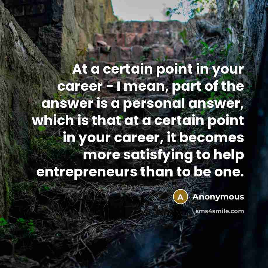 “At a certain point in your career - I mean, part of the answer is a personal answer, which is that at a certain point in your career, it becomes more satisfying to help entrepreneurs than to be one.” quote by Anonymous