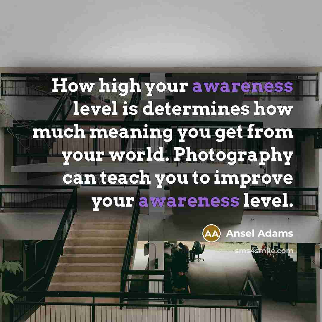“How high your awareness level is determines how much meaning you get from your world. Photography can teach you to improve your awareness level.” quote by Ansel Adams