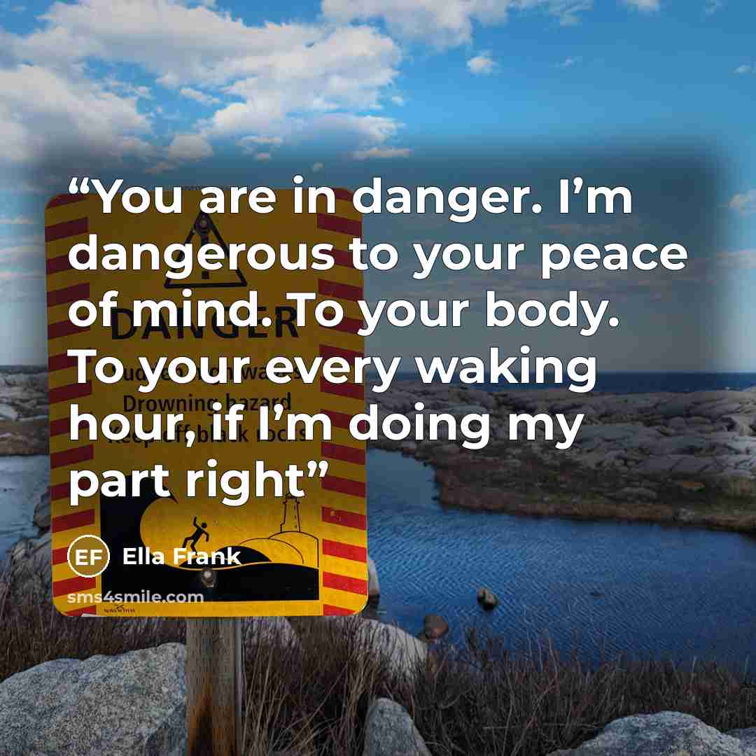 “You are in danger. I’m dangerous to your peace of mind. To your body. To your every waking hour, if I’m doing my part right” quote by Ella Frank