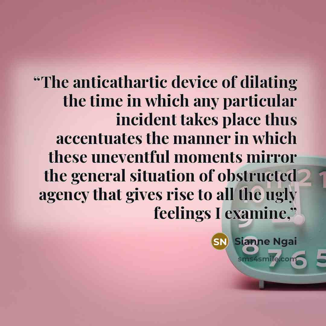 “The anticathartic device of dilating the time in which any particular incident takes place thus accentuates the manner in which these uneventful moments mirror the general situation of obstructed agency that gives rise to all the ugly feelings I examine,” quote by Sianne Ngai