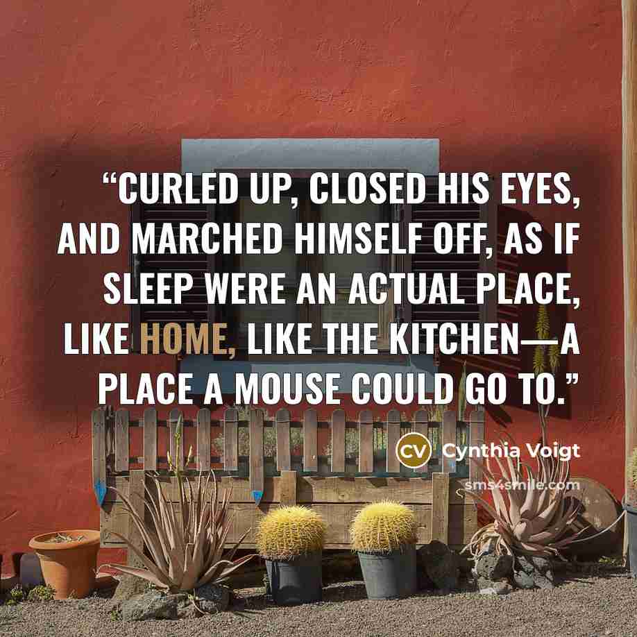 “curled up, closed his eyes, and marched himself off, as if sleep were an actual place, like home, like the kitchen—a place a mouse could go to.” quote by Cynthia Voigt