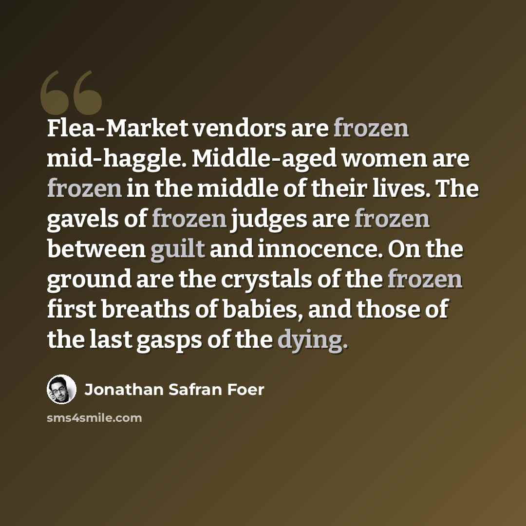 “Flea-Market vendors are frozen mid-haggle. Middle-aged women are frozen in the middle of their lives. The gavels of frozen judges are frozen between guilt and innocence. On the ground are the crystals of the frozen first breaths of babies, and those of the last gasps of the dying.” quote by Jonathan Safran Foer