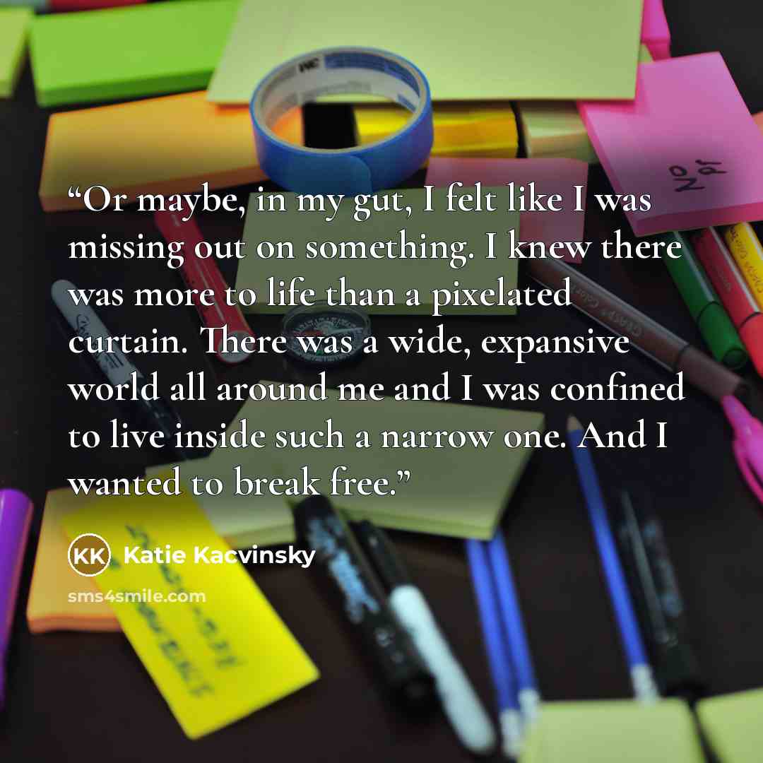 “Or maybe, in my gut, I felt like I was missing out on something. I knew there was more to life than a pixelated curtain. There was a wide, expansive world all around me and I was confined to live inside such a narrow one. And I wanted to break free.” quote by Katie Kacvinsky