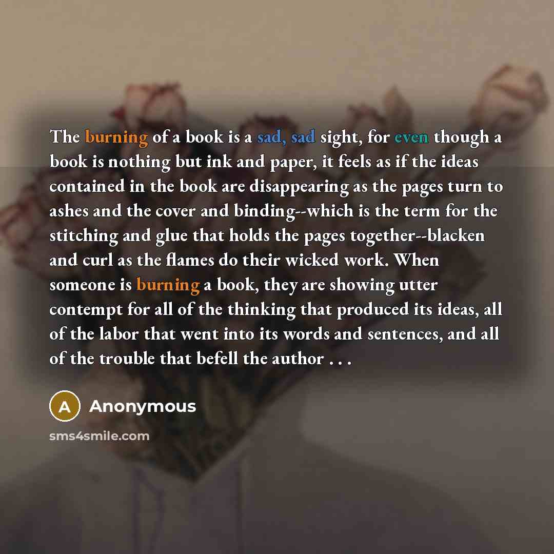 “The burning of a book is a sad, sad sight, for even though a book is nothing but ink and paper, it feels as if the ideas contained in the book are disappearing as the pages turn to ashes and the cover and binding--which is the term for the stitching and glue that holds the pages together--blacken…” quote by Anonymous