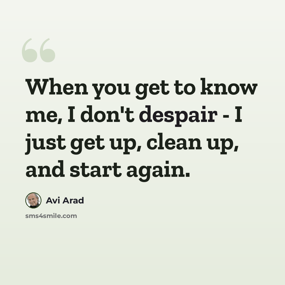 “When you get to know me, I don't despair - I just get up, clean up, and start again.” quote by Avi Arad
