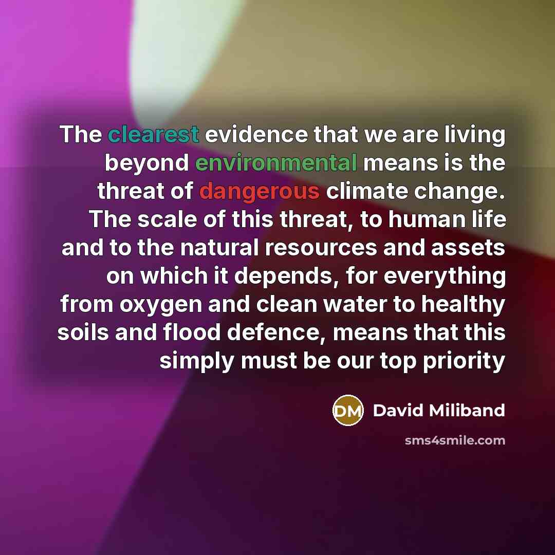 “The clearest evidence that we are living beyond environmental means is the threat of dangerous climate change. The scale of this threat, to human life and to the natural resources and assets on which it depends, for everything from oxygen and clean water to healthy soils and flood defence, means…” quote by David Miliband