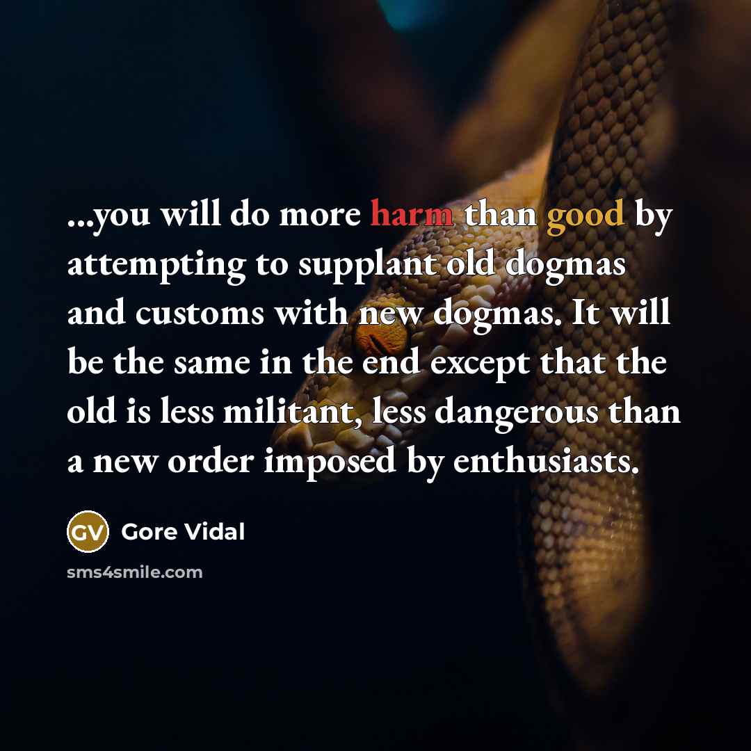 “...you will do more harm than good by attempting to supplant old dogmas and customs with new dogmas. It will be the same in the end except that the old is less militant, less dangerous than a new order imposed by enthusiasts.” quote by Gore Vidal