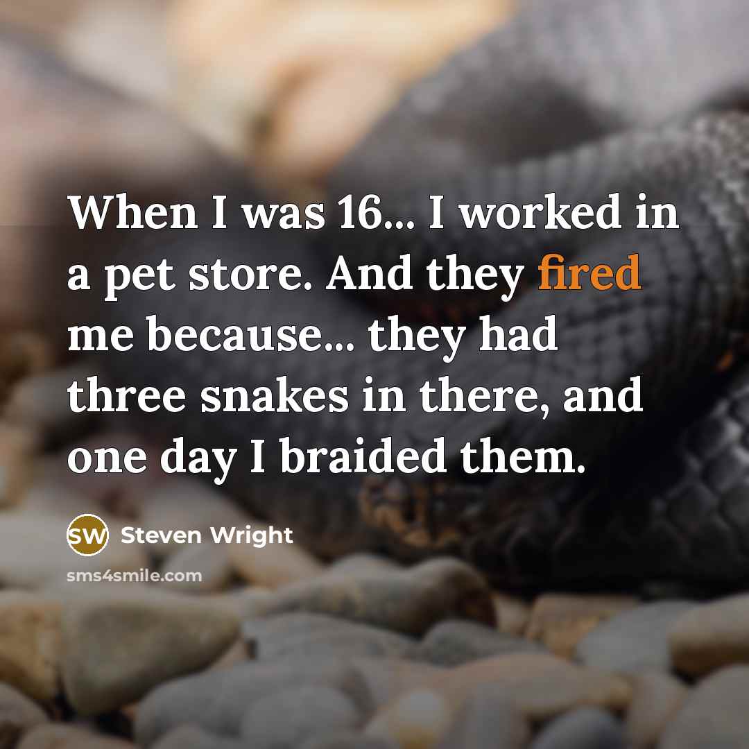 “When I was 16... I worked in a pet store. And they fired me because... they had three snakes in there, and one day I braided them.” quote by Steven Wright