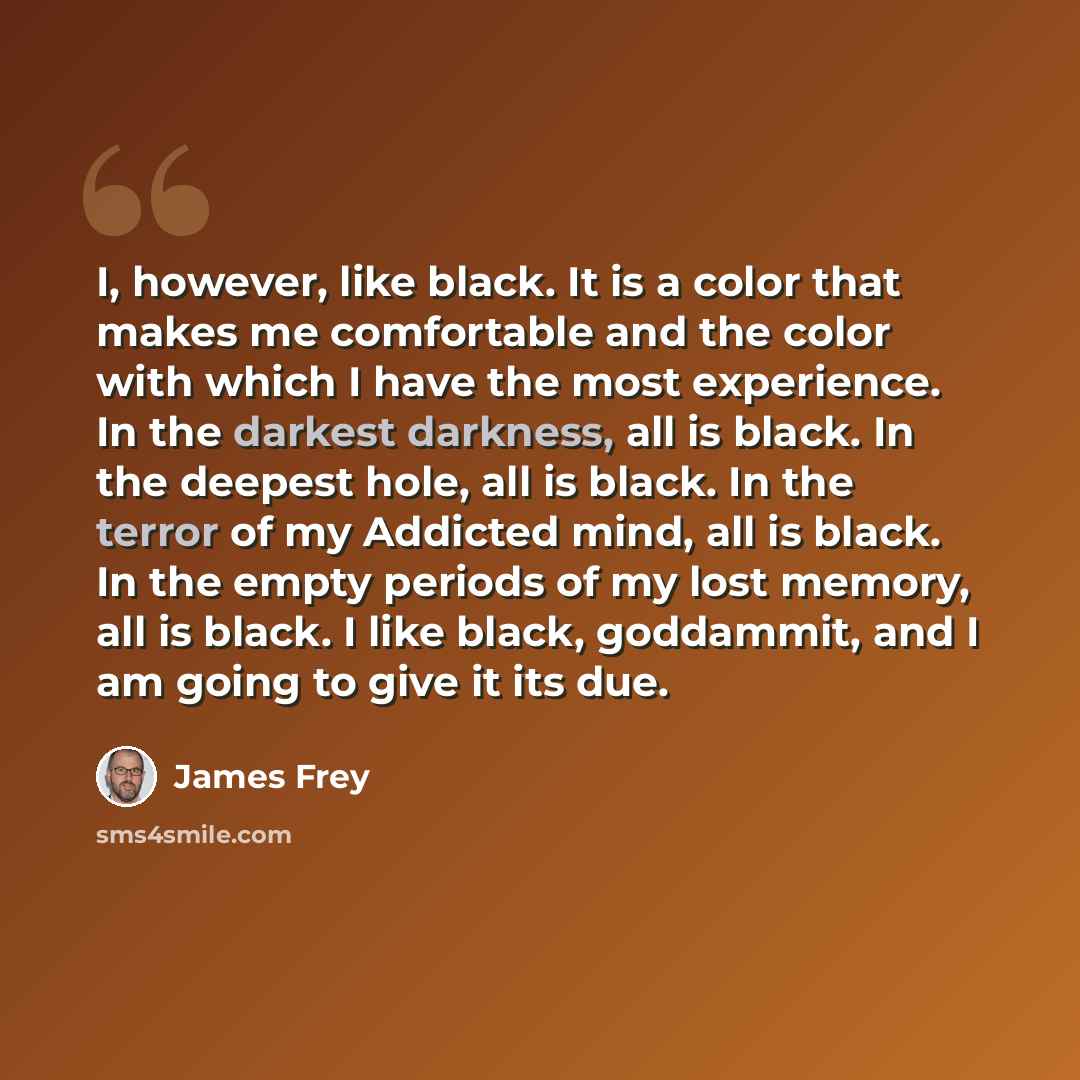 “I, however, like black. It is a color that makes me comfortable and the color with which I have the most experience. In the darkest darkness, all is black. In the deepest hole, all is black. In the terror of my Addicted mind, all is black. In the empty periods of my lost memory, all is black. I…” quote by James Frey