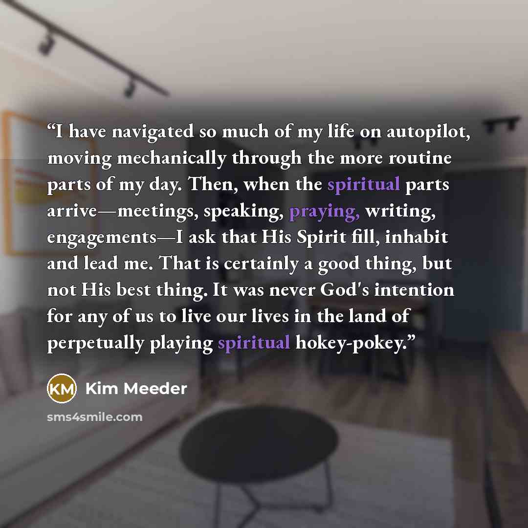 “I have navigated so much of my life on autopilot, moving mechanically through the more routine parts of my day. Then, when the spiritual parts arrive—meetings, speaking, praying, writing, engagements—I ask that His Spirit fill, inhabit and lead me. That is certainly a good thing, but not His best…” quote by Kim Meeder