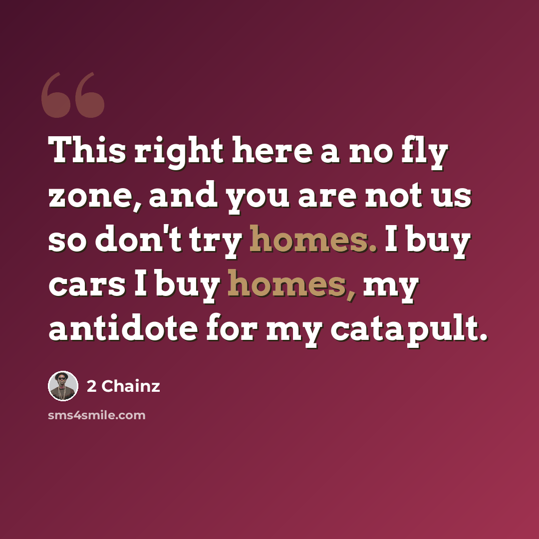 “This right here a no fly zone, and you are not us so don't try homes. I buy cars I buy homes, my antidote for my catapult.” quote by 2 Chainz