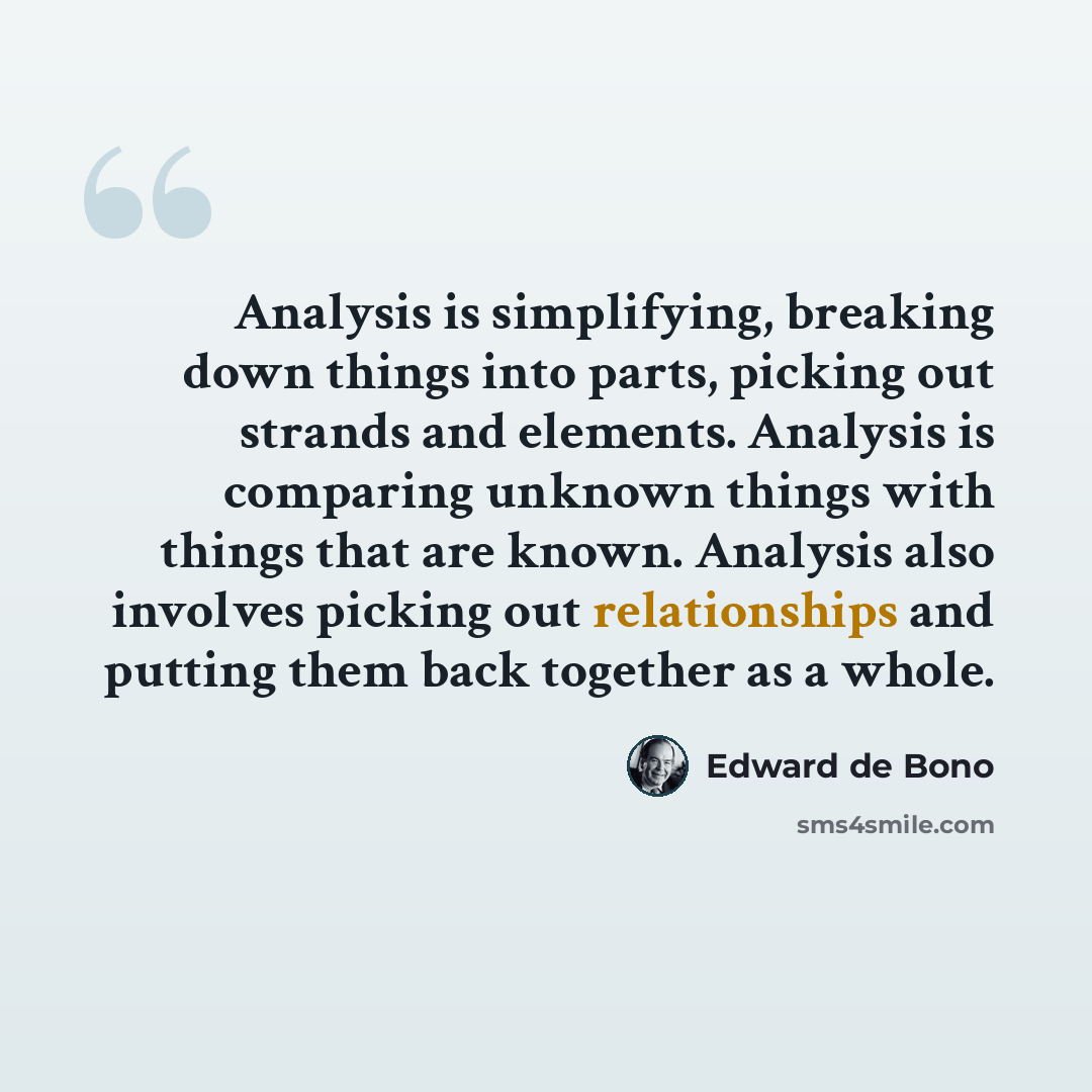 “Analysis is simplifying, breaking down things into parts, picking out strands and elements. Analysis is comparing unknown things with things that are known. Analysis also involves picking out relationships and putting them back together as a whole.” quote by Edward de Bono
