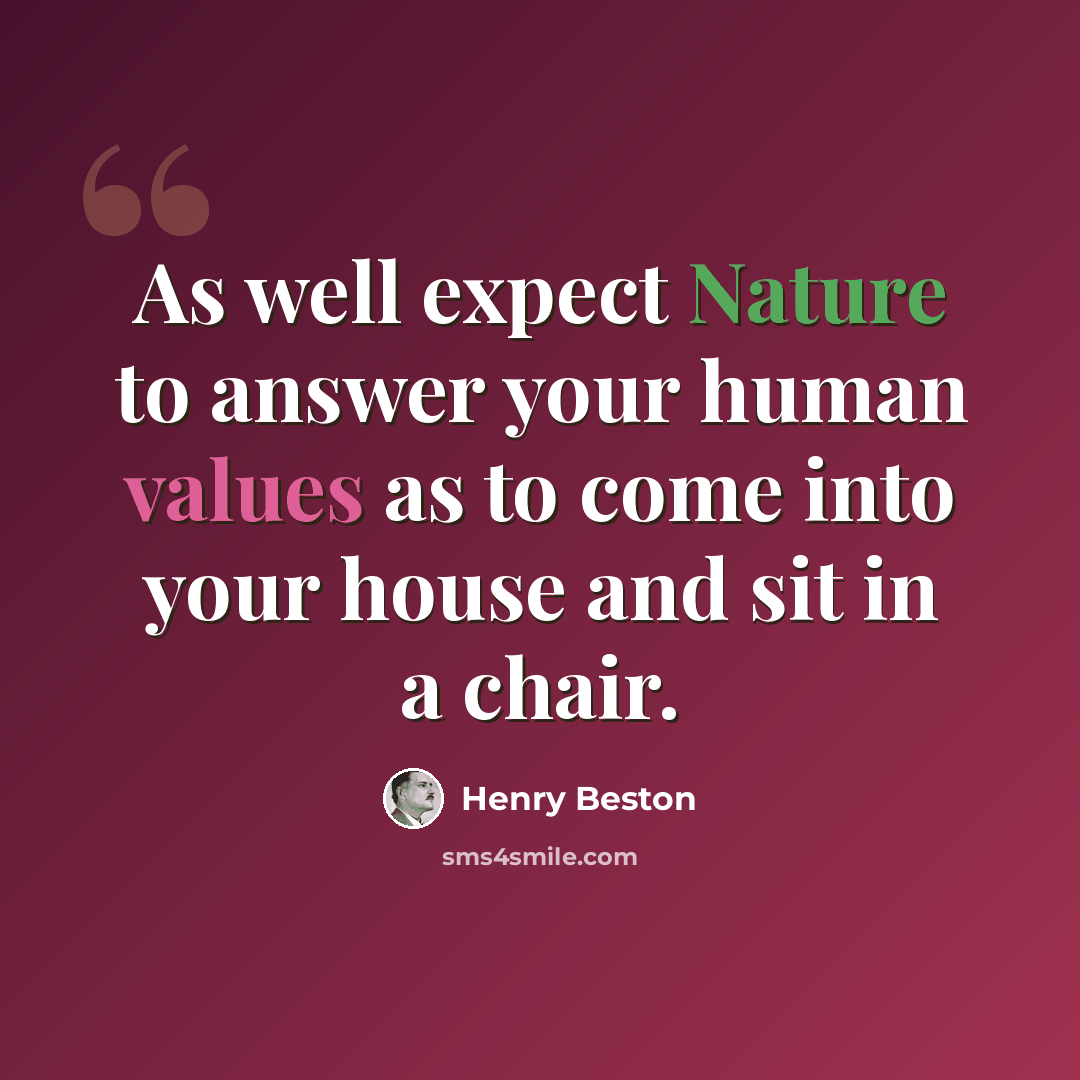 “As well expect Nature to answer your human values as to come into your house and sit in a chair.” quote by Henry Beston