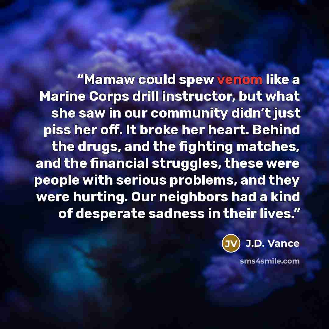 “Mamaw could spew venom like a Marine Corps drill instructor, but what she saw in our community didn’t just piss her off. It broke her heart. Behind the drugs, and the fighting matches, and the financial struggles, these were people with serious problems, and they were hurting. Our neighbors had a…” quote by J.D. Vance