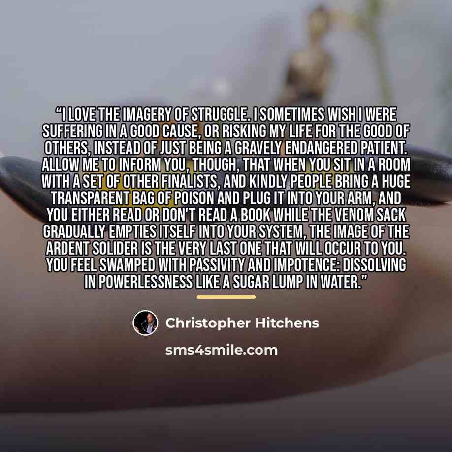 “I love the imagery of struggle. I sometimes wish I were suffering in a good cause, or risking my life for the good of others, instead of just being a gravely endangered patient. Allow me to inform you, though, that when you sit in a room with a set of other finalists, and kindly people bring a…” quote by Christopher Hitchens