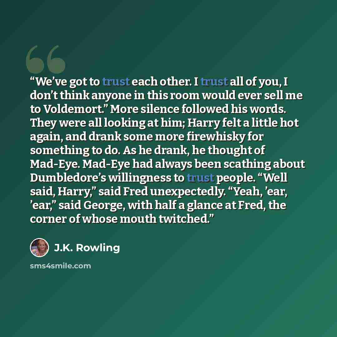“We’ve got to trust each other. I trust all of you, I don’t think anyone in this room would ever sell me to Voldemort.” More silence followed his words. They were all looking at him; Harry felt a little hot again, and drank some more firewhisky for something to do. As he drank, he thought of…” quote by J.K. Rowling