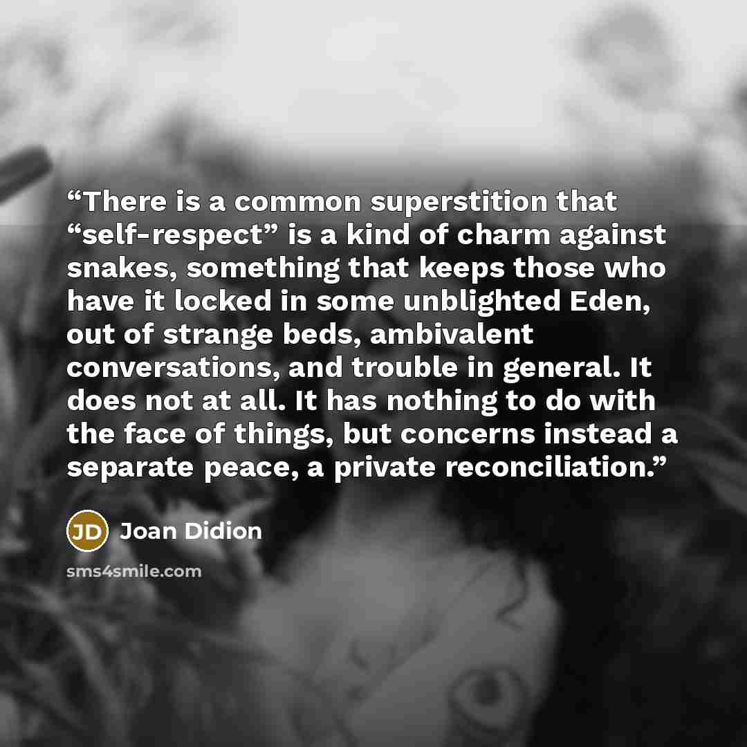 “There is a common superstition that “self-respect” is a kind of charm against snakes, something that keeps those who have it locked in some unblighted Eden, out of strange beds, ambivalent conversations, and trouble in general. It does not at all. It has nothing to do with the face of things, but…” quote by Joan Didion