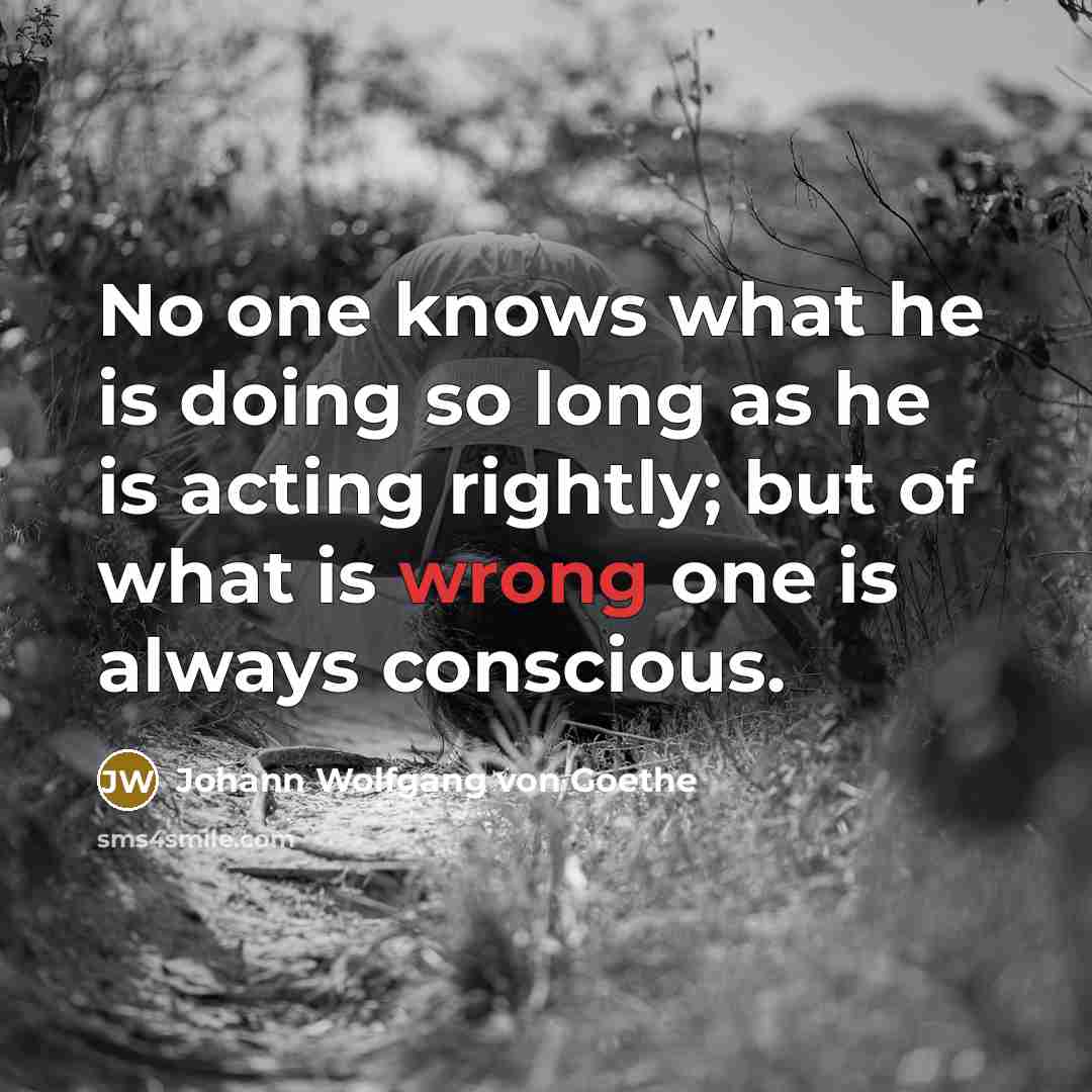 “No one knows what he is doing so long as he is acting rightly; but of what is wrong one is always conscious.” quote by Johann Wolfgang von Goethe