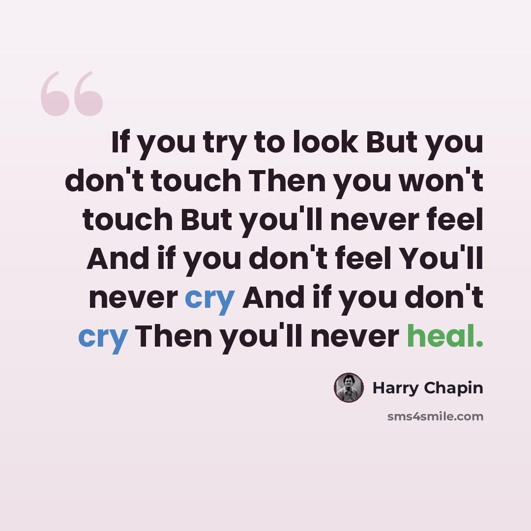 “If you try to look But you don't touch Then you won't touch But you'll never feel And if you don't feel You'll never cry And if you don't cry Then you'll never heal.” quote by Harry Chapin