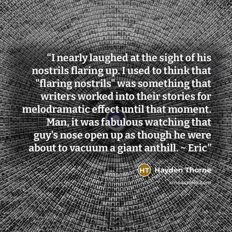 “I nearly laughed at the sight of his nostrils flaring up. I used to think that "flaring nostrils" was something that writers worked into their stories for melodramatic effect until that moment. Man, it was fabulous watching that guy's nose open up as though he were about to vacuum a giant anthill…” quote by Hayden Thorne