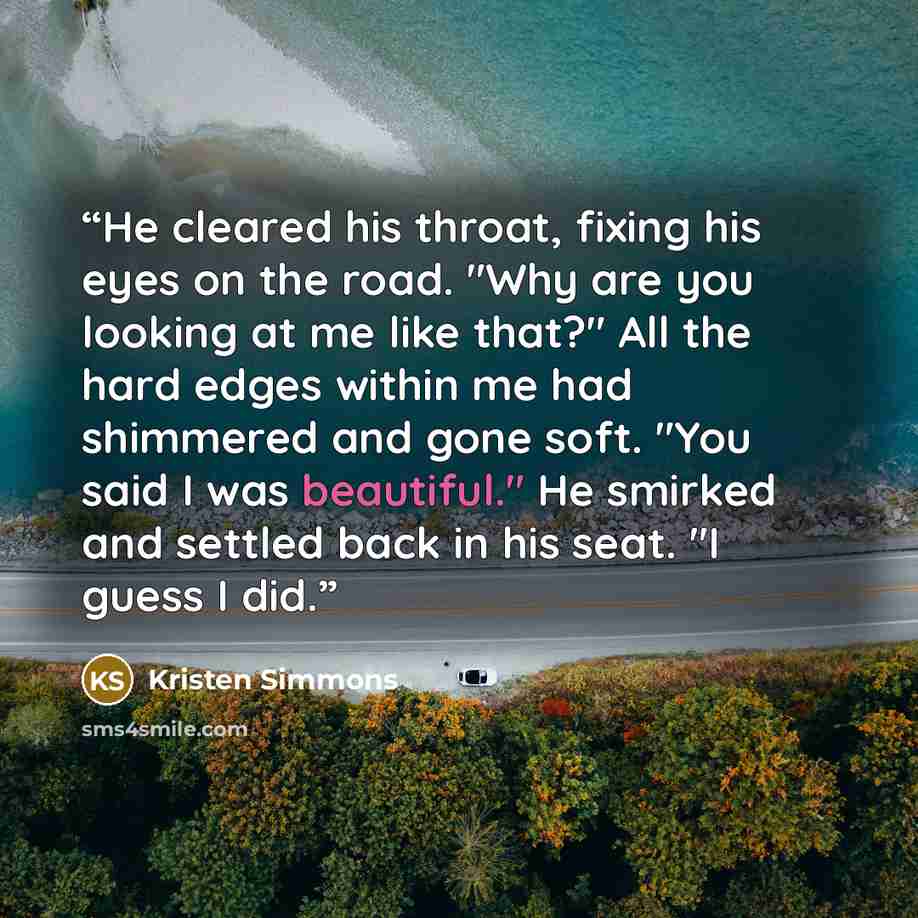 “He cleared his throat, fixing his eyes on the road. "Why are you looking at me like that?" All the hard edges within me had shimmered and gone soft. "You said I was beautiful." He smirked and settled back in his seat. "I guess I did.” quote by Kristen Simmons
