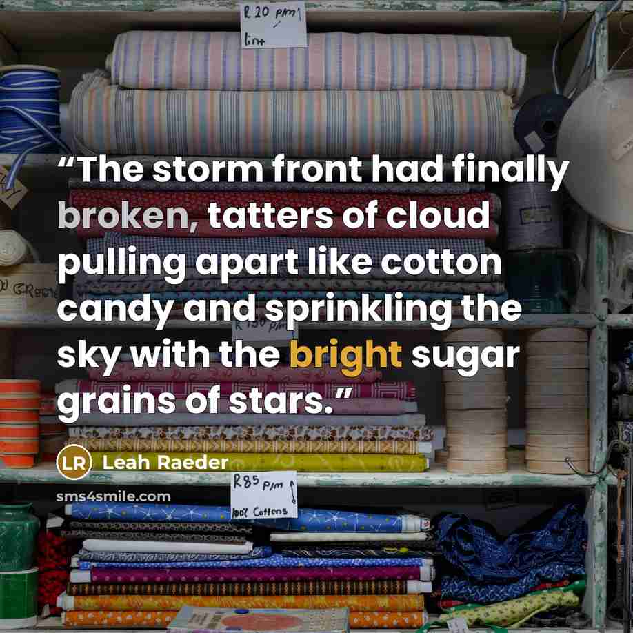 “The storm front had finally broken, tatters of cloud pulling apart like cotton candy and sprinkling the sky with the bright sugar grains of stars.” quote by Leah Raeder