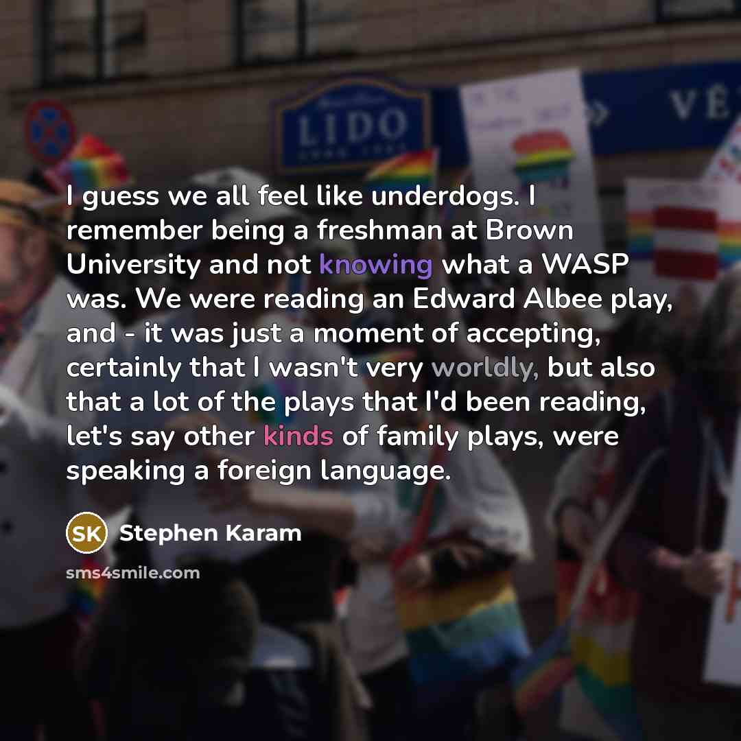 “I guess we all feel like underdogs. I remember being a freshman at Brown University and not knowing what a WASP was. We were reading an Edward Albee play, and - it was just a moment of accepting, certainly that I wasn't very worldly, but also that a lot of the plays that I'd been reading, let's…” quote by Stephen Karam