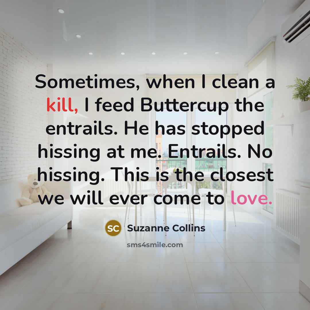 “Sometimes, when I clean a kill, I feed Buttercup the entrails. He has stopped hissing at me. Entrails. No hissing. This is the closest we will ever come to love.” quote by Suzanne Collins