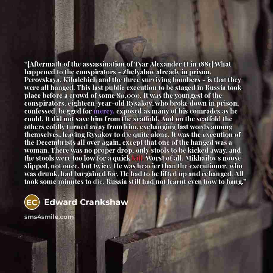 “[Aftermath of the assassination of Tsar Alexander II in 1881] What happened to the conspirators - Zhelyabov already in prison, Perovskaya, Kibalchich and the three surviving bombers - is that they were all hanged. This last public execution to be staged in Russia took place before a crowd of some…” quote by Edward Crankshaw