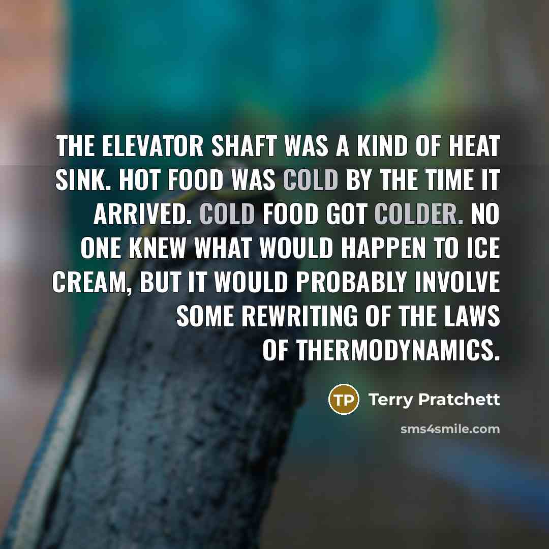 “The elevator shaft was a kind of heat sink. Hot food was cold by the time it arrived. Cold food got colder. No one knew what would happen to ice cream, but it would probably involve some rewriting of the laws of thermodynamics.” quote by Terry Pratchett