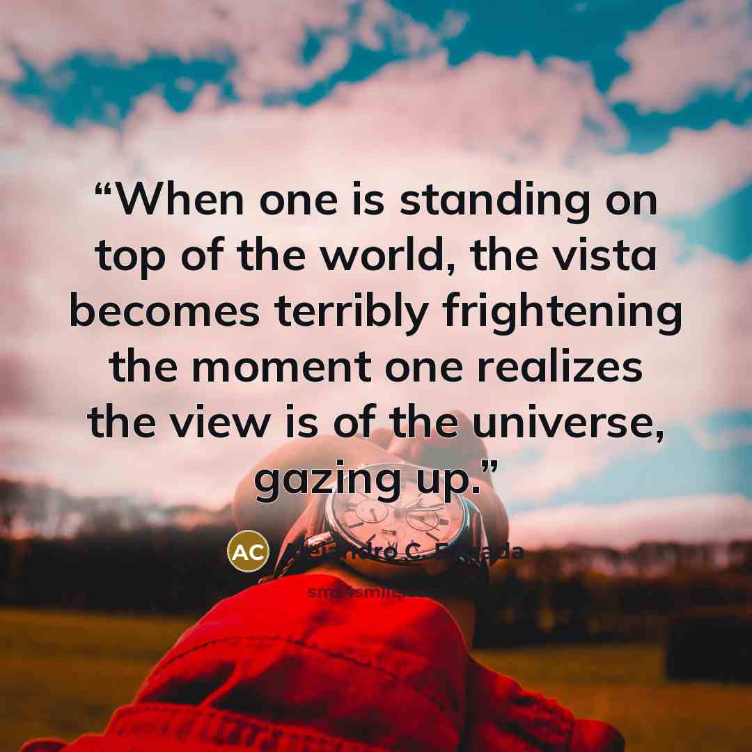 “When one is standing on top of the world, the vista becomes terribly frightening the moment one realizes the view is of the universe, gazing up.” quote by Alejandro C. Estrada