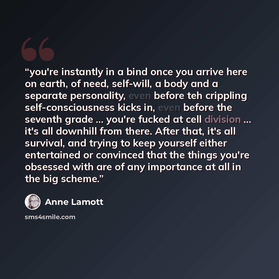 “you're instantly in a bind once you arrive here on earth, of need, self-will, a body and a separate personality, even before teh crippling self-consciousness kicks in, even before the seventh grade ... you're fucked at cell division ... it's all downhill from there. After that, it's all survival…” quote by Anne Lamott