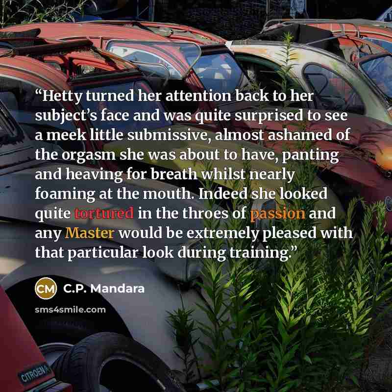 “Hetty turned her attention back to her subject’s face and was quite surprised to see a meek little submissive, almost ashamed of the orgasm she was about to have, panting and heaving for breath whilst nearly foaming at the mouth. Indeed she looked quite tortured in the throes of passion and any…” quote by C.P. Mandara
