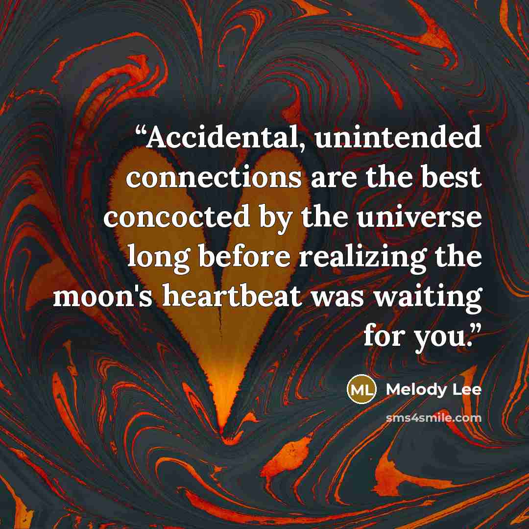 “Accidental, unintended connections are the best concocted by the universe long before realizing the moon's heartbeat was waiting for you.” quote by Melody Lee