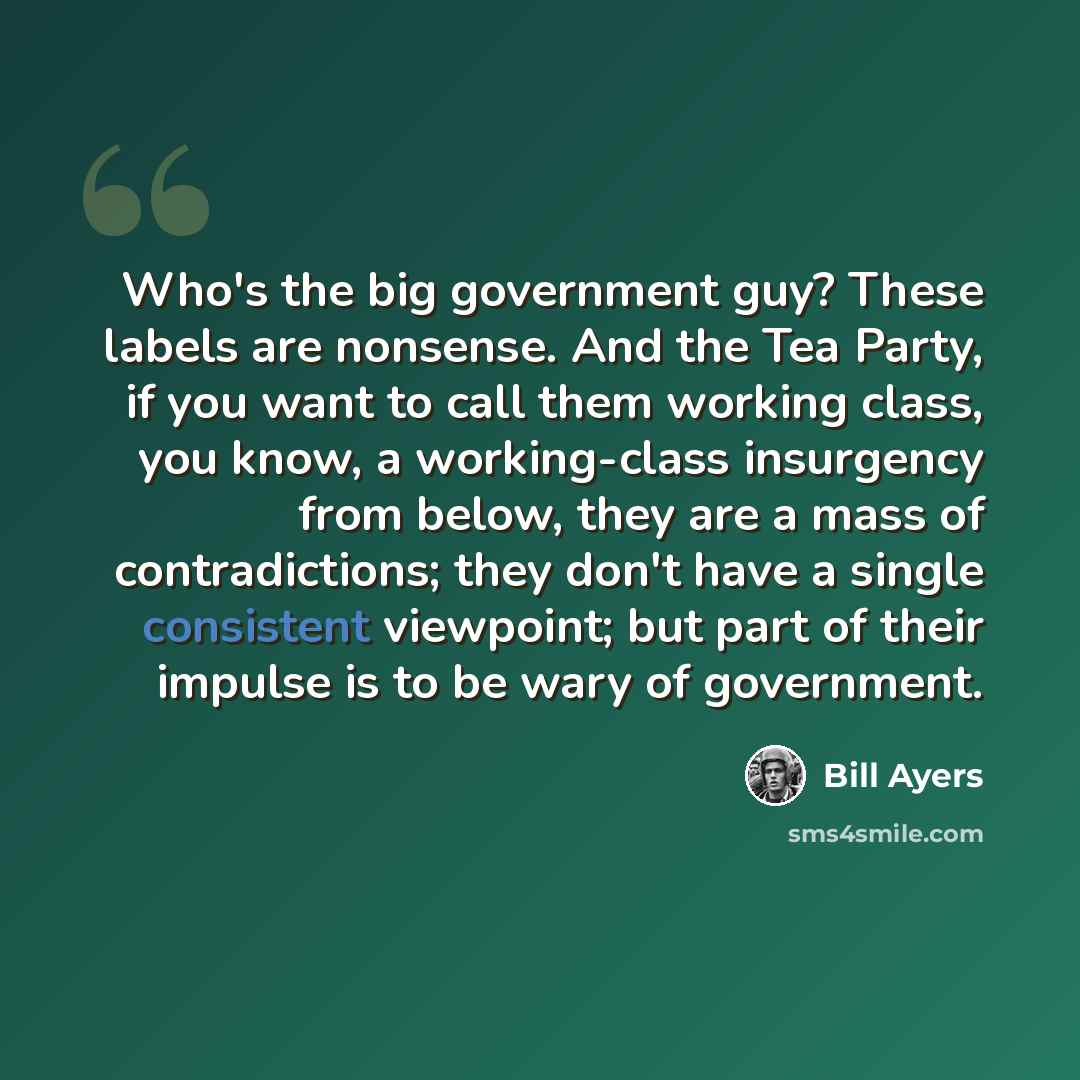“Who's the big government guy? These labels are nonsense. And the Tea Party, if you want to call them working class, you know, a working-class insurgency from below, they are a mass of contradictions; they don't have a single consistent viewpoint; but part of their impulse is to be wary of…” quote by Bill Ayers